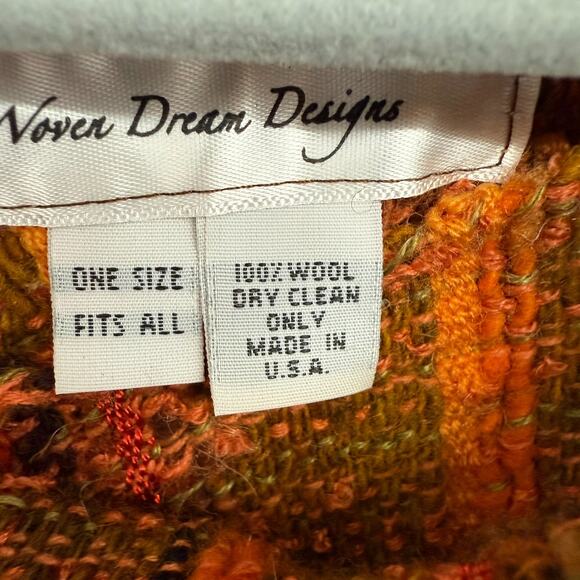 Woven Dream Designs Wool Poncho Shawl Women OS Orange Brown Striped Textured USA - Picture 6 of 6